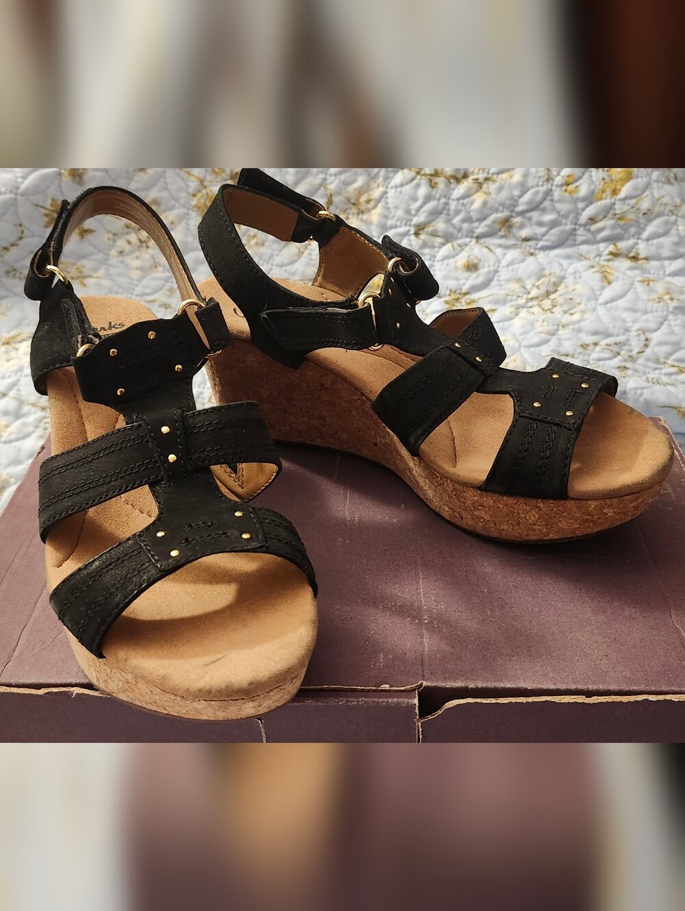 Clarks Collection Annadel. Soft Cushion. Black . Cork Wedge Sandals. Size 7.5